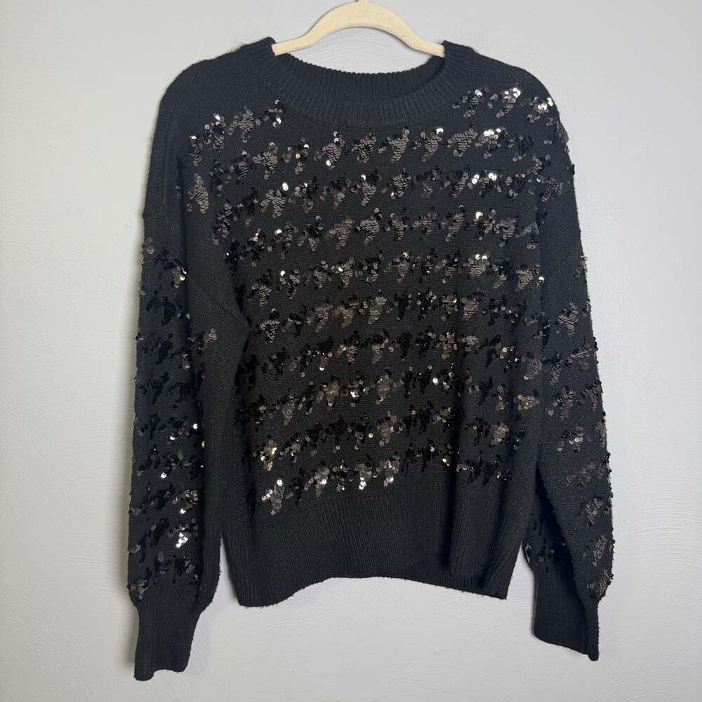 Nine West Sequin Striped Black Crewneck Sweater Size L
